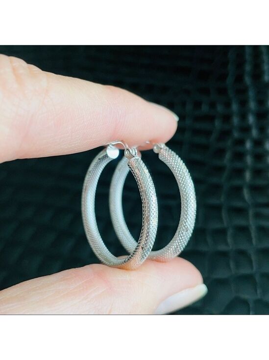 Jewelry - 14K White Gold JAW Signed Textured Mesh Diamond Cut Hoop Earrings